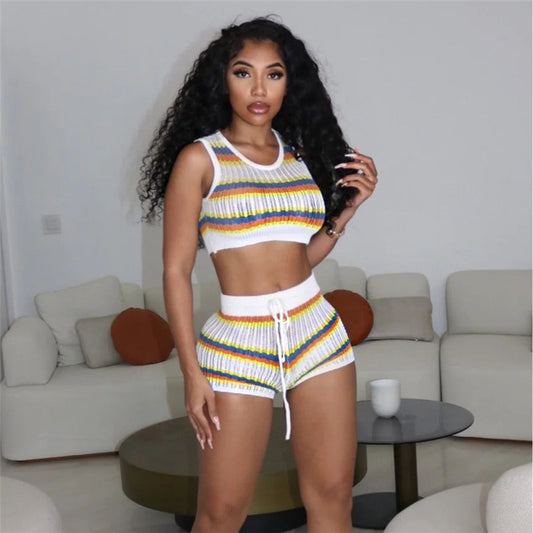 Knitted Contrasting Sleeveless Top With High Waist And Buttocks Shorts Casual Set