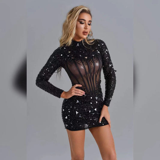 New Black Long Sleeve Bandage Dress Sequin Mesh Beaded Banquet Annual Party Dress